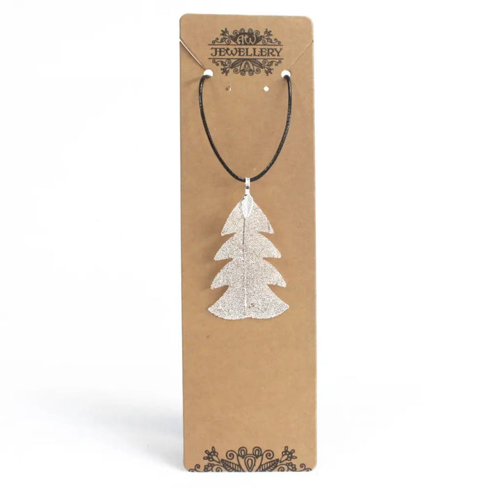 Silver glittery festive fir leaf necklace pendant on black cord featuring real leaves design