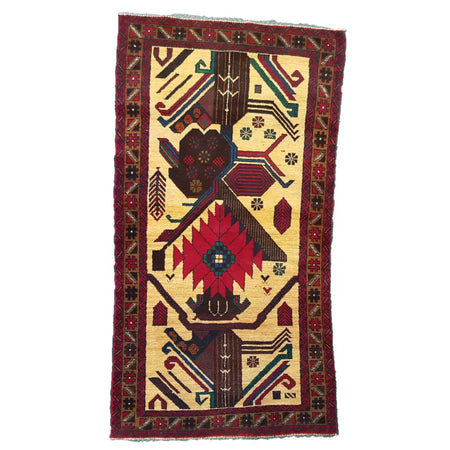 A rectangular handwoven afghan belouch rug with cream field geometric floral patterns in reds teal and black 100% wool