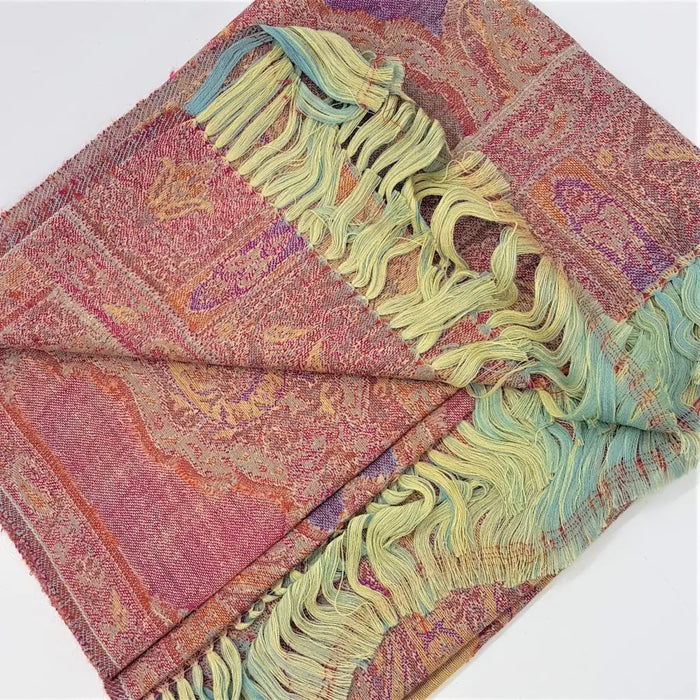 A fine woven pashmina shawl in pink purple and orange with paisley pattern and green blue fringes