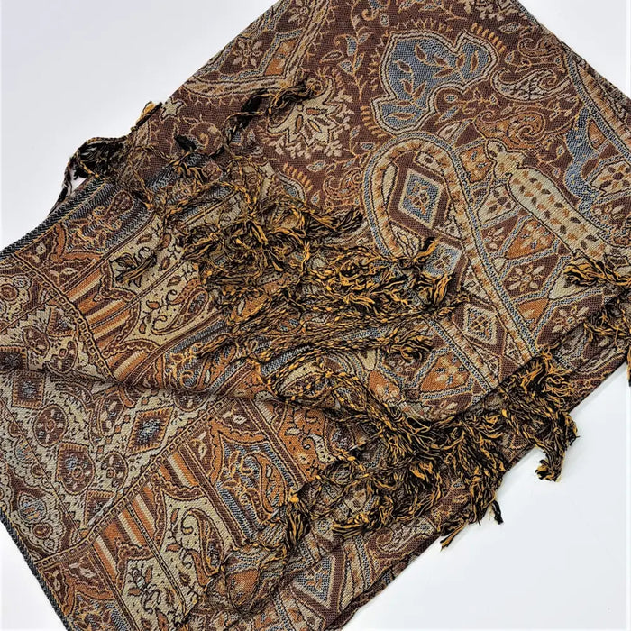 A vintage style brown and beige paisley patterned pashmina scarf with fringed edges in fine woven fabric