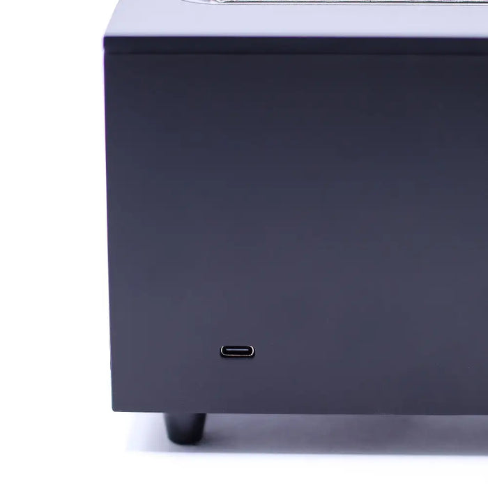 Black matte flame effect aroma diffuser with two mist settings usb powered and gentle bird sound and usb-c port on side