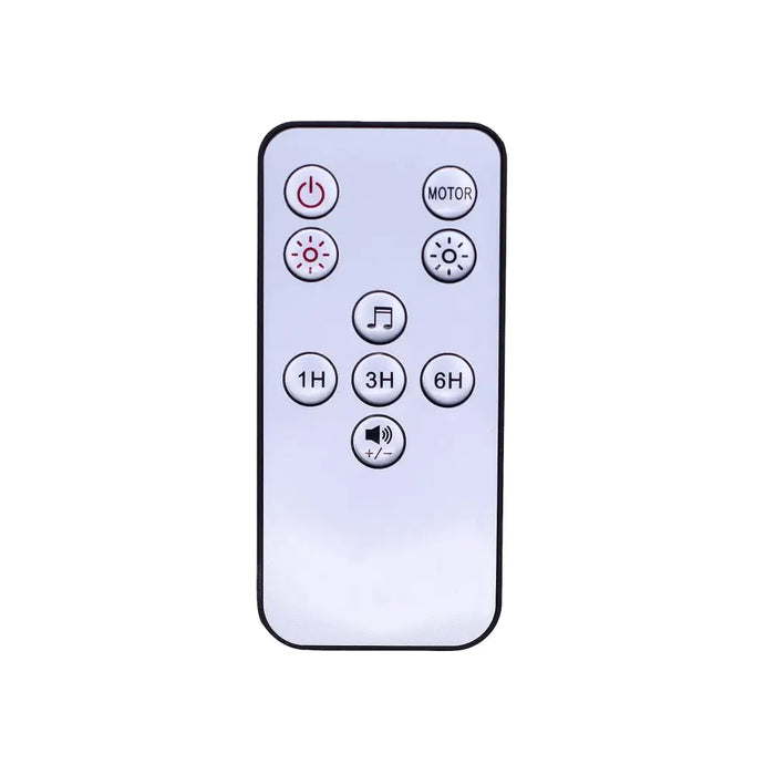 White remote control with black buttons for flame effect aroma diffuser with two mist settings gentle bird and usb powered