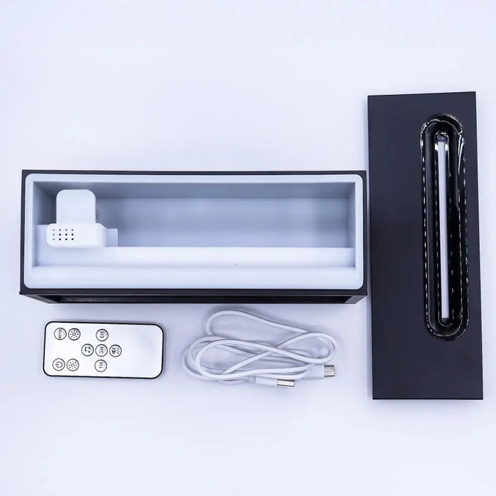White rectangular led light bar with usb powered flame effect aroma diffuser and gentle bird sound in black color