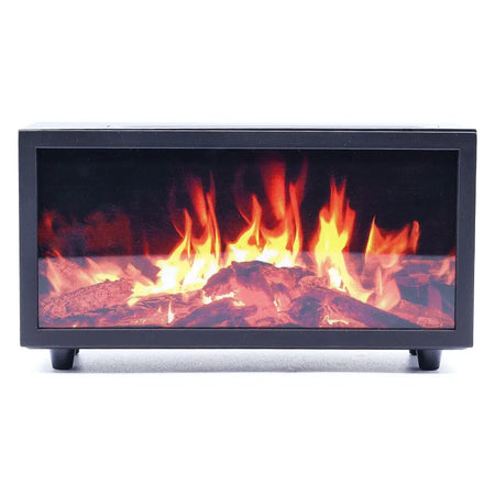 Black-framed electric fireplace diffuser with realistic flames usb powered two mist settings and gentle bird sounds