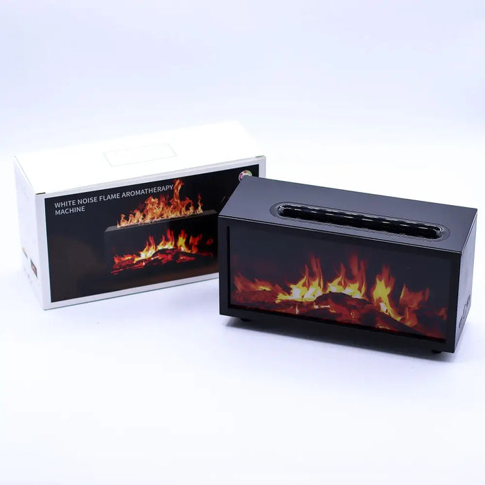 Black usb powered flame effect aroma diffuser with glowing flame design two mist settings and gentle bird sound