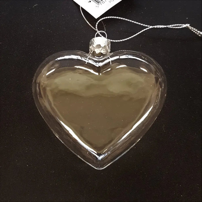 Clear heart-shaped flat glass hanging ornament with silver cap and string in a choice of two designs