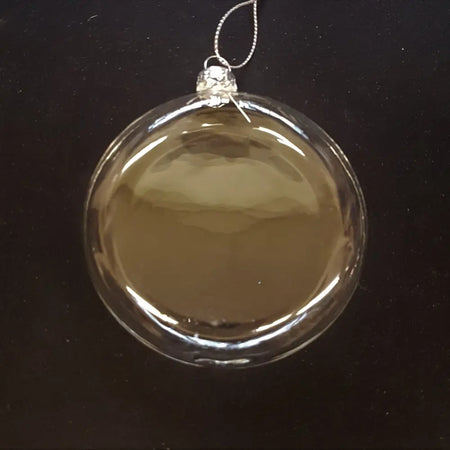 Clear flat glass christmas ornament with silver metallic cap and hanging loop, one of two design options