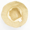 Beige floppy straw sun hat with woven texture and soft flexible inner band featuring blue flower details