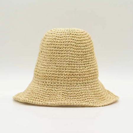 Beige woven straw sun hat with wide brim and textured crochet pattern natural floppy straw sun hat