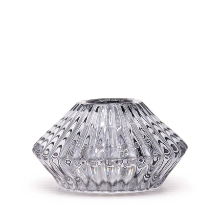 Clear glass flower flip dinner candle holder in midnight grey with faceted design and subtle swirling patterns for candles