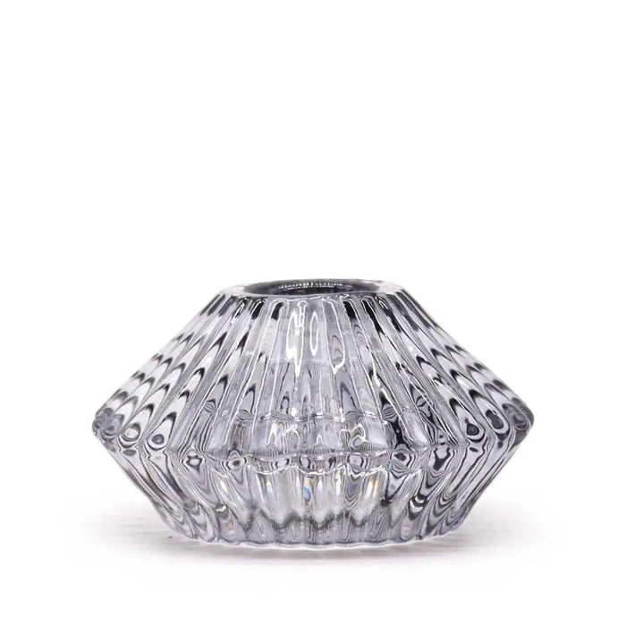 Clear glass flower flip dinner candle holder in midnight grey with faceted design and subtle swirling patterns for candles