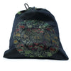 Black drawstring bag with colorful embroidered circular design for flower of life singing bowl set ring pillow