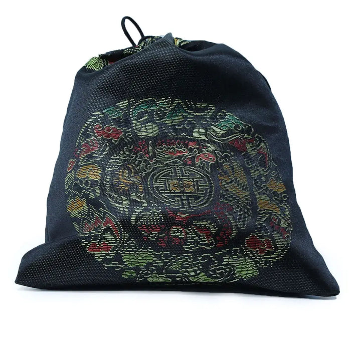 Black drawstring bag with colorful embroidered circular design for flower of life singing bowl set ring pillow