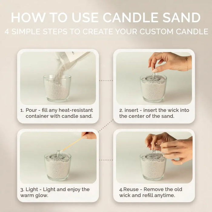 A clear glass container with white cobalt candle sand labeled fragranced taupe orange candle sand cobalt candle sand 300g