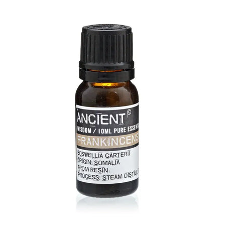 A small amber glass bottle with a black cap labeled ancient wisdom 10ml pure frankincense essential oil boswellia carterii