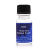 A clear glass bottle of frosted sugar plum fragrance oil with a black cap and blue label showing allergen declarations