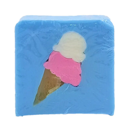 Blue handmade soap slice with molded ice cream cone featuring pink and white scoops for vanilla scent