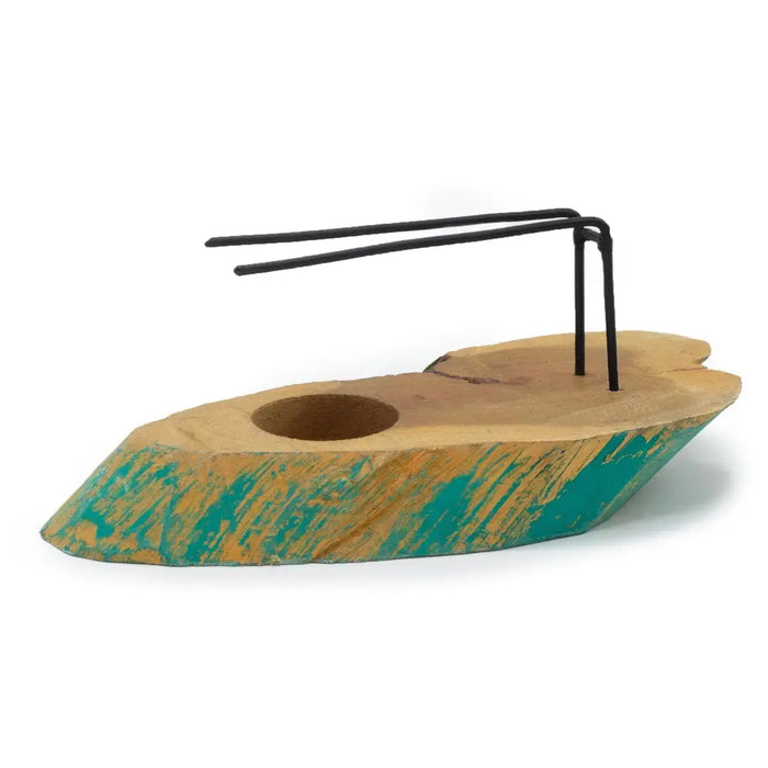 Greenwash gamal wood palo santo heater in teal and natural wood with rustic boat shape and black wire rack holder