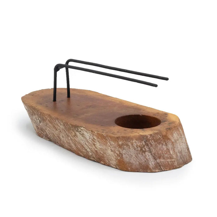 Rustic wooden boat-shaped coaster with black metal rack for gamal wood palo santo heater whitewash