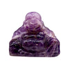 A polished purple amethyst buddha carving with smooth glossy surfaces and detailed features