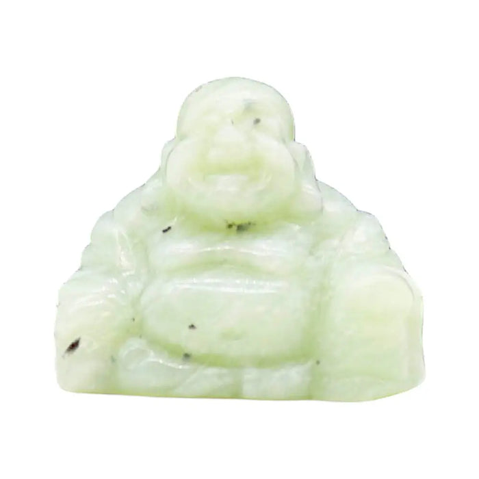 A smooth pale green jade buddha carving with subtle dark inclusions showing a smiling figure