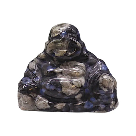 Polished blue and gray jasper gemstone Buddha figurine with a smooth glossy finish made from sera stone