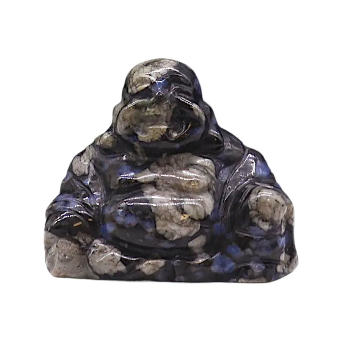 Polished blue and gray jasper gemstone Buddha figurine with a smooth glossy finish made from sera stone