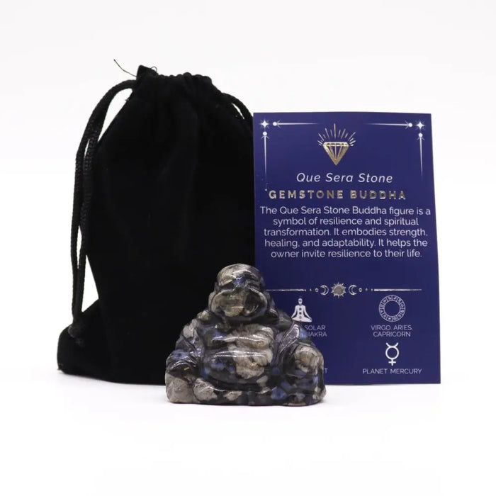 A polished dark gray and black gemstone buddha figurine made from sera stone with a smooth glossy surface