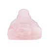 A smooth translucent pink rose quartz carving of a seated buddha with gentle facial features and flowing robes