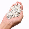 A hand holding white and black speckled rainbow moon gemstone chips in irregular shapes totaling 1kg weight