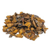 A pile of polished tiger eye gemstone chips showing golden brown hues with black and amber stripes weighing 1kg
