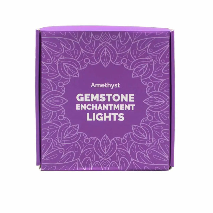Purple box with white floral pattern showing gemstone enchantment lights text for amethyst lighting product