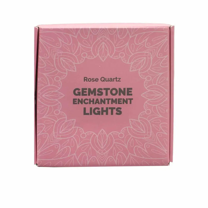 Pink cardboard box with white floral pattern for rose quartz gemstone enchantment lights product packaging