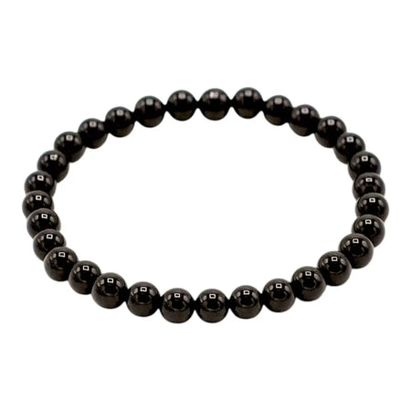 Black agate gemstone manifestation bracelet with smooth glossy black spherical beads for protection