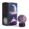 Purple amethyst gemstone planet sphere resting on a dark blue glittery solar stand base representing Jupiter