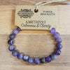 Purple amethyst gemstone bead bracelet with natural wood tag showing power bracelets and amethyst calmness mood