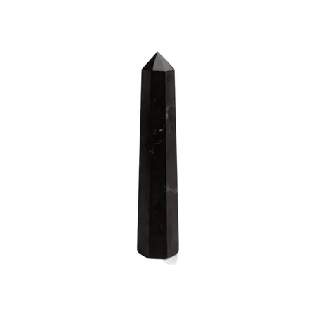 A sleek black tourmaline six face obelisk point with sharp triangular tip and subtle natural veining, 11cm tall