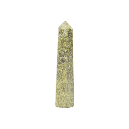 A polished greenish-yellow epidote six face obelisk point with a faceted crystalline surface and natural inclusions