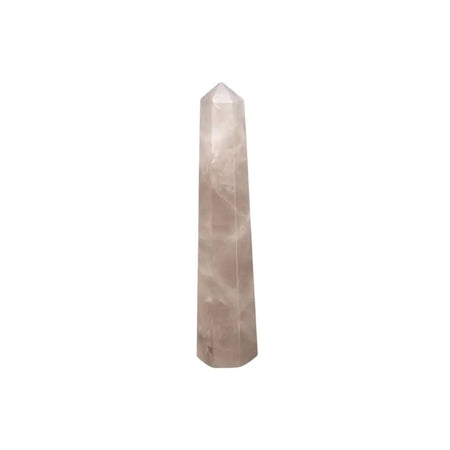 A translucent rose quartz six face obelisk with smooth polished surface and natural veining in soft translucent tones