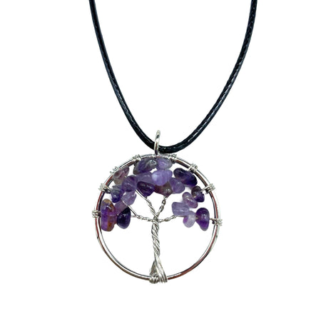 Purple amethyst gemstone tree of life pendant made of chip stones on a black cord necklace