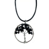 Black agate gemstone tree of life pendant with silver wire wrapping on a black cord necklace