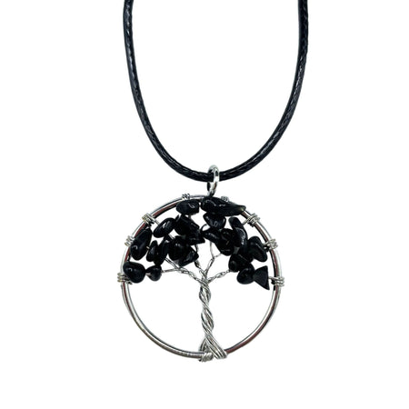 Black agate gemstone tree of life pendant with silver wire wrapping on a black cord necklace