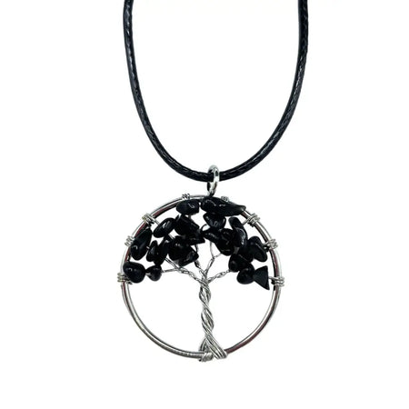 Black agate gemstone tree of life pendant with silver wire wrapping on a black cord necklace