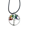 Silver wire wrapped gemstone tree life pendant with colorful natural stone chips on a black cord necklace