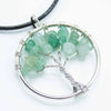 A silver wire-wrapped gemstone tree of life pendant with translucent green jade gemstones on a chain necklace