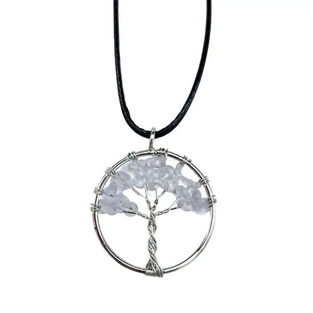 Silver wire-wrapped gemstone tree of life pendant with translucent rock crystal beads on a black cord necklace