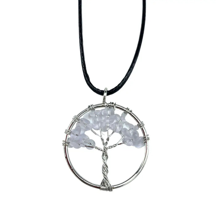 Silver wire-wrapped gemstone tree of life pendant with translucent rock crystal beads on a black cord necklace