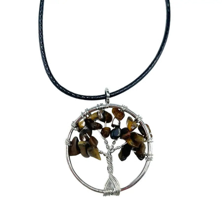 Silver wire wrapped tree of life pendant with tiger eye stones on black leather cord for grounding energy
