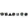 Set of seven piece crystal set with polished black magnetic hematite shapes including cube star and sphere