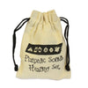 Beige drawstring bag with black cord and embroidered platonic solids healing set text for seven piece crystal set with clear quartz